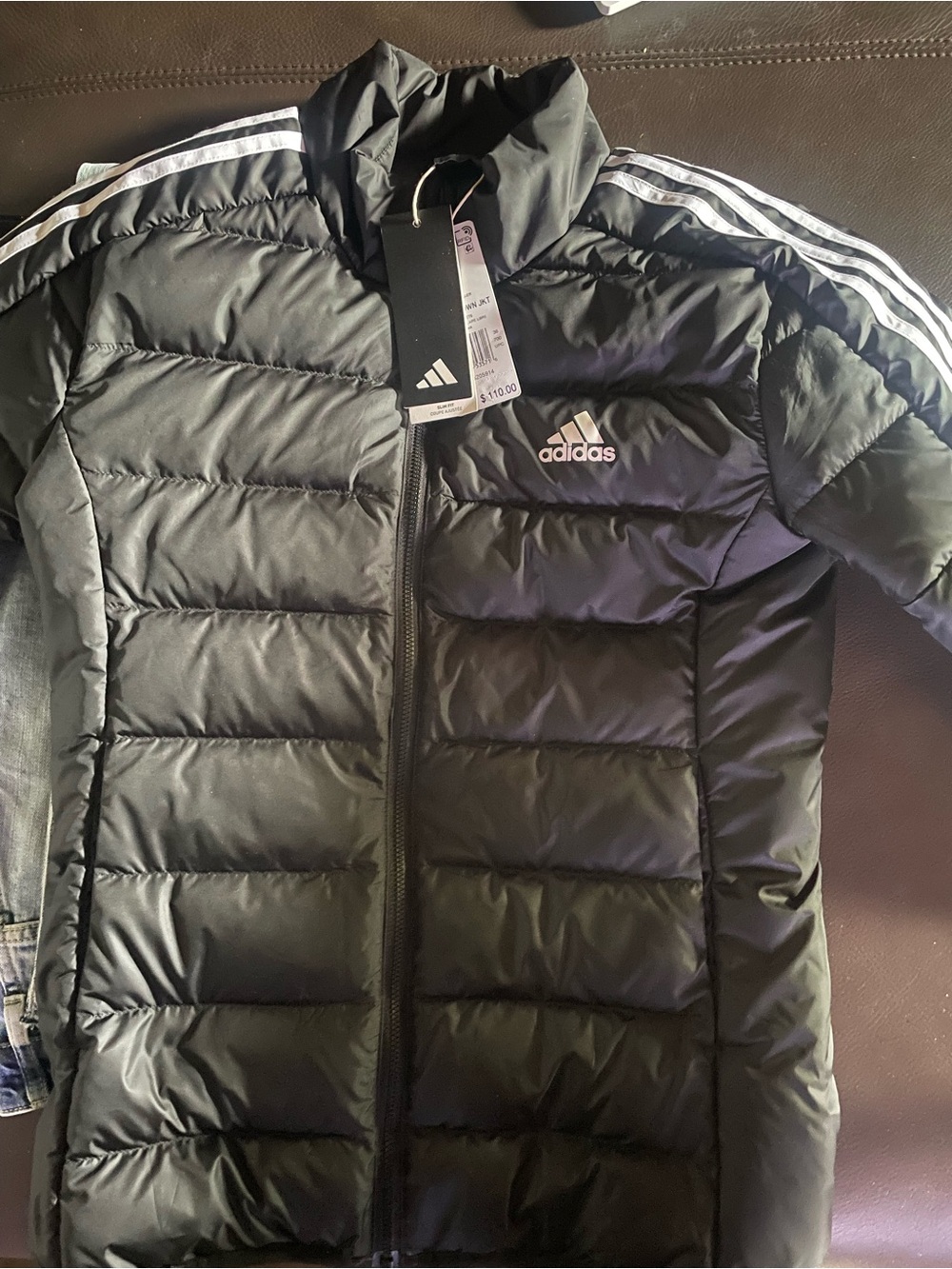 adidas Black Quilted Puffer Jacket with White Stripe Accents